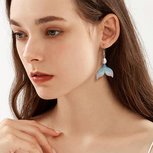 Image of Gold Starfish Mermaid Tail Dangle Drop Earrings for Women, Trendy Cute Pearl Fish Tail Shell Textured Hoop Dangling Earing Summer sea Beach Jewelry Gift.
