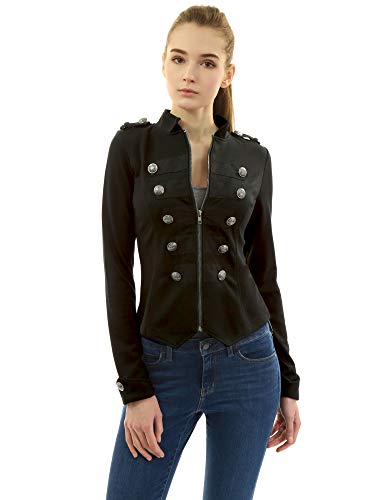 AmélieBoutik Women Zip Front Stand Collar Military Light Jacket(Black X-Small)