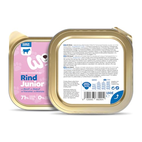 WOW Dog Welpen-Nassfutter mit Rind | für Junior Hunde, mit hohem Fleischanteil, getreidefrei | 150 g / 22er Pack