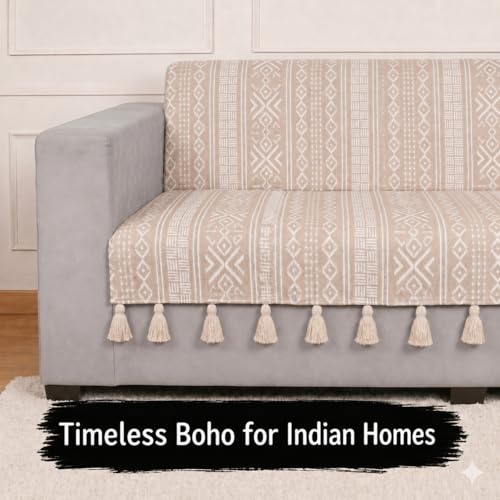 Image of STITCHNEST 'Verdant Bohemian Stories' 2 Seater Sofa Cover - Full Coverage| Elegant Jacquard Fabric, Decorative Tassels, Washable & Durable for Modern Living