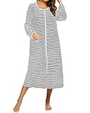 SUNNYME Damen Nachthemd Baumwolle Langarm Streifen Nachthemden mit Reißverschluss Lange Bademantel Taschen Nachtwäsche Hellgrau S