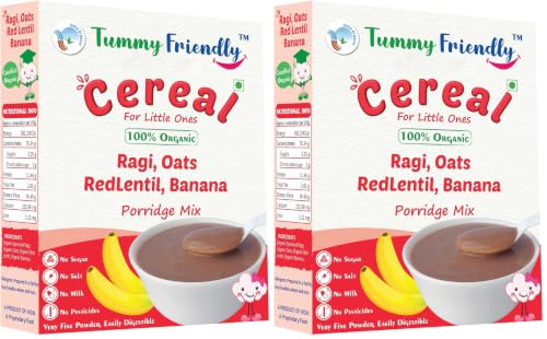 Image of TummyFriendly Foods Organic Sprouted Ragi Almond Dates Porridge Mix | Made of Sprouted Ragi Powder for baby | Available in Trial Baby Packs too | Shelf-life 9 month | 200g (Banana) (Pack of 2)