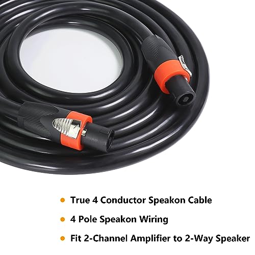25 feet pack of 2 true 4 conductor speakon cable - 4 pole speak-on to speakon cables - 12 awg heavy duty pa dj stage amplifier to cabinet wiring with twist lock 25 ft 2-packs