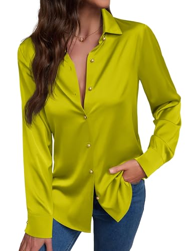 Green Silk Button Down Shirt Casual Classic-Fit Tops Women Long