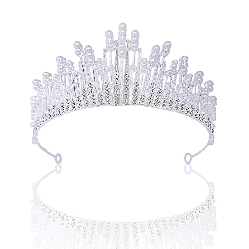 Image of SYGA Crown Queen Rose Flower Tiaras Princess Hair Jewelry Headbands for Party Engagement Wedding (Crown-Pearl-Silver)