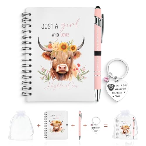 GADITIEK Highland Cow Gifts for Women – “Just a Girl Who Loves Highland Cows” Stationery Gift Set with A6 Spiral Notebook, Cute Keychain & Pink Pen – Ideal Cute Cow Lover Gifts (Highland Cow)