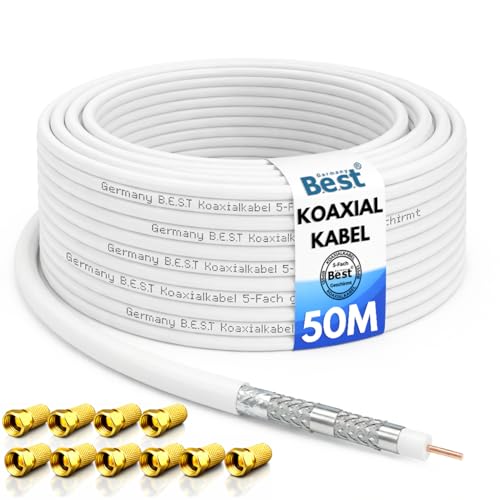 Germany B.e.s.t Koaxialkabel 50m SAT-Kabel | 4K Ultra HD | Class A+ | DVB-S/S2 DVB-C DVB-T BK Anlagen | 5Fach Geschirmt | 135dB | Antennenkabel | Koaxkabel | 10x F-Stecker