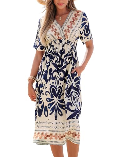 CUPSHE Damen Sommerkleid Paisley V-Ausschnitt Freizeitkleider Kurzarm Gesmokt Taille Strandkleid A Linie Midi Dress