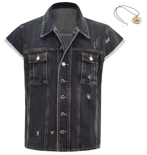Mens John Marston Costume Denim Vest Halloween Cosplay Outfit Cowboy Dark Grey Jean Vest Sleeveless Jacket (Dark Grey, XX-Large)