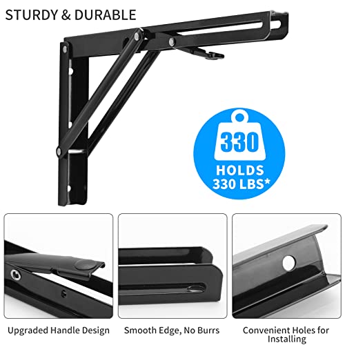 Image of YUMORE 14 Inch Folding Shelf Bracket, Heavy Duty L Bracket, Black, 2 Pack | 330 LB Load Capacity, Foldable Locking Design, Easy Release Lever, Easy Installation, Includes Hardware