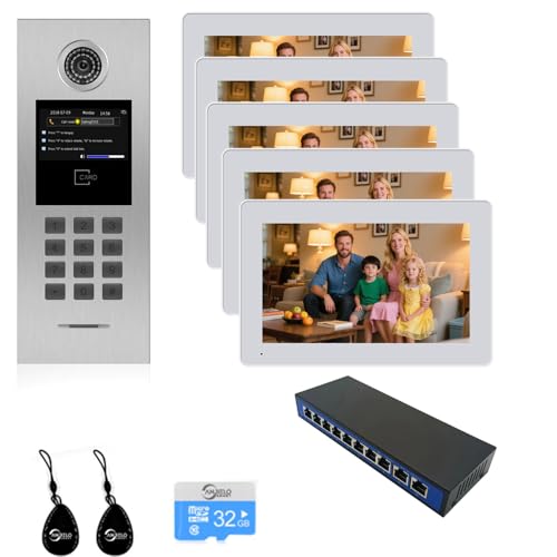 Video Intercom System 5/6/7/8 Unit Wired 7 Inch IP Video Intercom Phone for Apartment Building Security Home Access Control System with Digital Keypad and IC Card (for 5 Family)