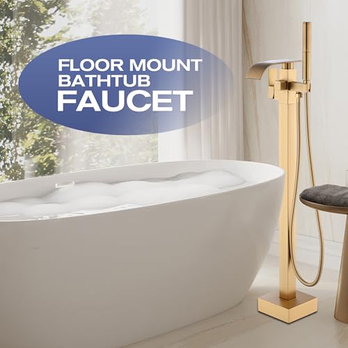 Grifería de Piso para Bañera Freestanding Waterfall, Llena Bañera con Ducha de Mano, Acabado Dorado Cepillado miniatura 6