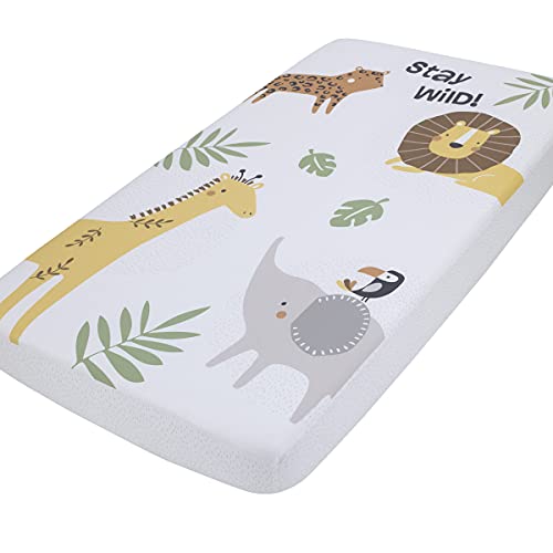 Image of NoJo Jungle Trails White, Green, and Gold Stay Wild Animal Print with Leaves Photo Op 100% Cotton Nursery Fitted Crib Sheet