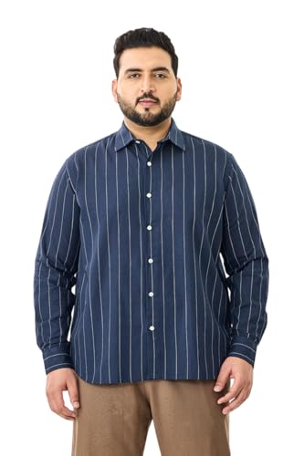 Image of SNITCH Men Casual Plus Size Shirt | Regular Fit Full Sleeve Mandarin Collar Striped Design | Premium Cotton Linen Blend & Breathable Fabric for Office & Everyday Wear
