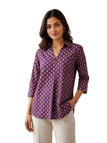 Image of Pure Cotton Long Hemline Shirt for Women Beautiful Printed Collared Neck Casual Western Shirt Top Formal Office Wear