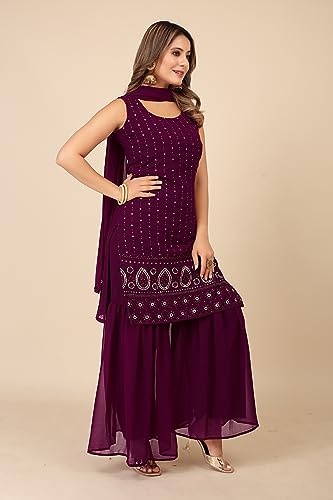 Image of TILKI Women's Embrodery Work Kurti With Sharara And Dupatta Set