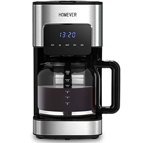 Machine à Café Filtre, HOMEVER 1,5L Cafetiere Filtre,Jusque 12 Tasses,Cafetier Programmable avec Minuterie, Affichage LCD, Filtre Permanent Incl,Rapide,Cuillère Dosette, Plaque Chaude,Argenté (argent)
