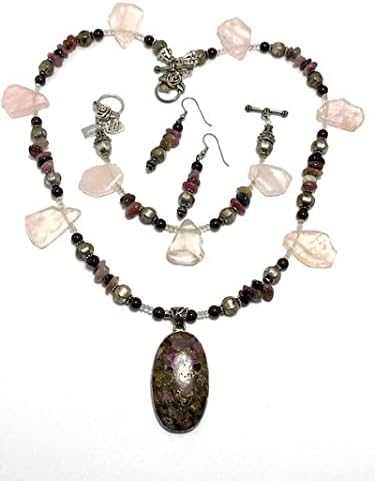 Handmade Jewelry Set - Tourmaline Pendant & Rose Quartz Necklace, Bracelet & Earrings # 165