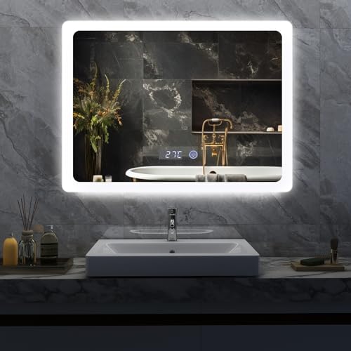 YU YUSING Specchio Bagno con Luce LED, 80x60cm, Specchio da Parete con Illuminazione, Interruttore Touch, Antiappannamento, 3 Temperature Colore, Dimmerabile, Visualizzazione del Tempo, IP44