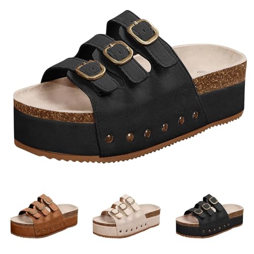 Women's Cork Footbed Slides 3 Strap Straps Platform Clogs Suede Slip-on Flatform Sandals for Women Fashion Slippers Summer, Black, 9