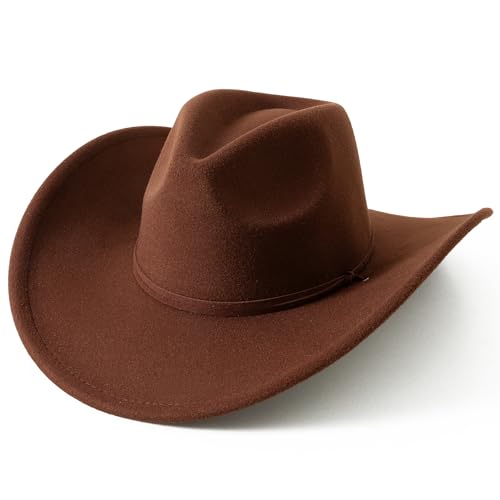 Image of Lanzom Women Men Retro Felt Wide Brim Western Cowboy Cowgirl Hat Dress Up Hat with Wind Lanyard