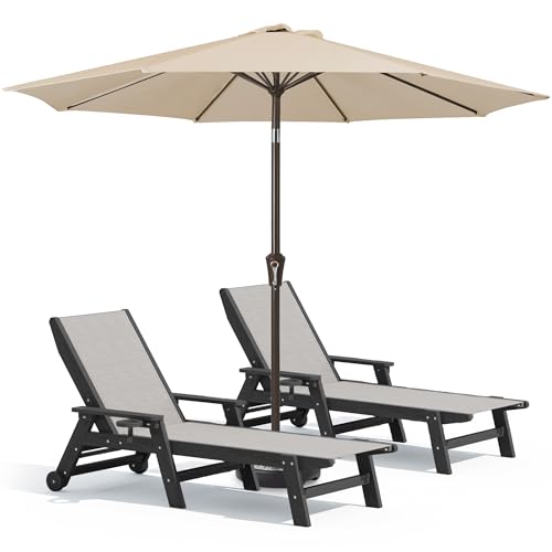 SERWALL Textilene Patio Chaise Lounge Chair Set of 2 with 9FT Patio Umbrella, Black (Umbreall Base not Included)