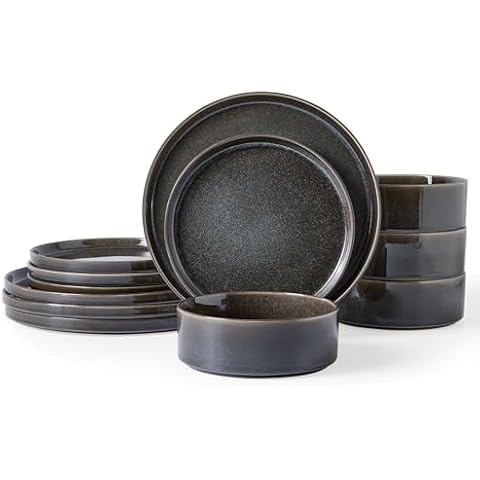 MONITO Ceramic Dinnerware Sets - Ceramic Plates and Bowls, Service for 4(12pcs), Microwave and Dishwasher Safe, Perfect Housewarming Gift, Galactic Black Cover