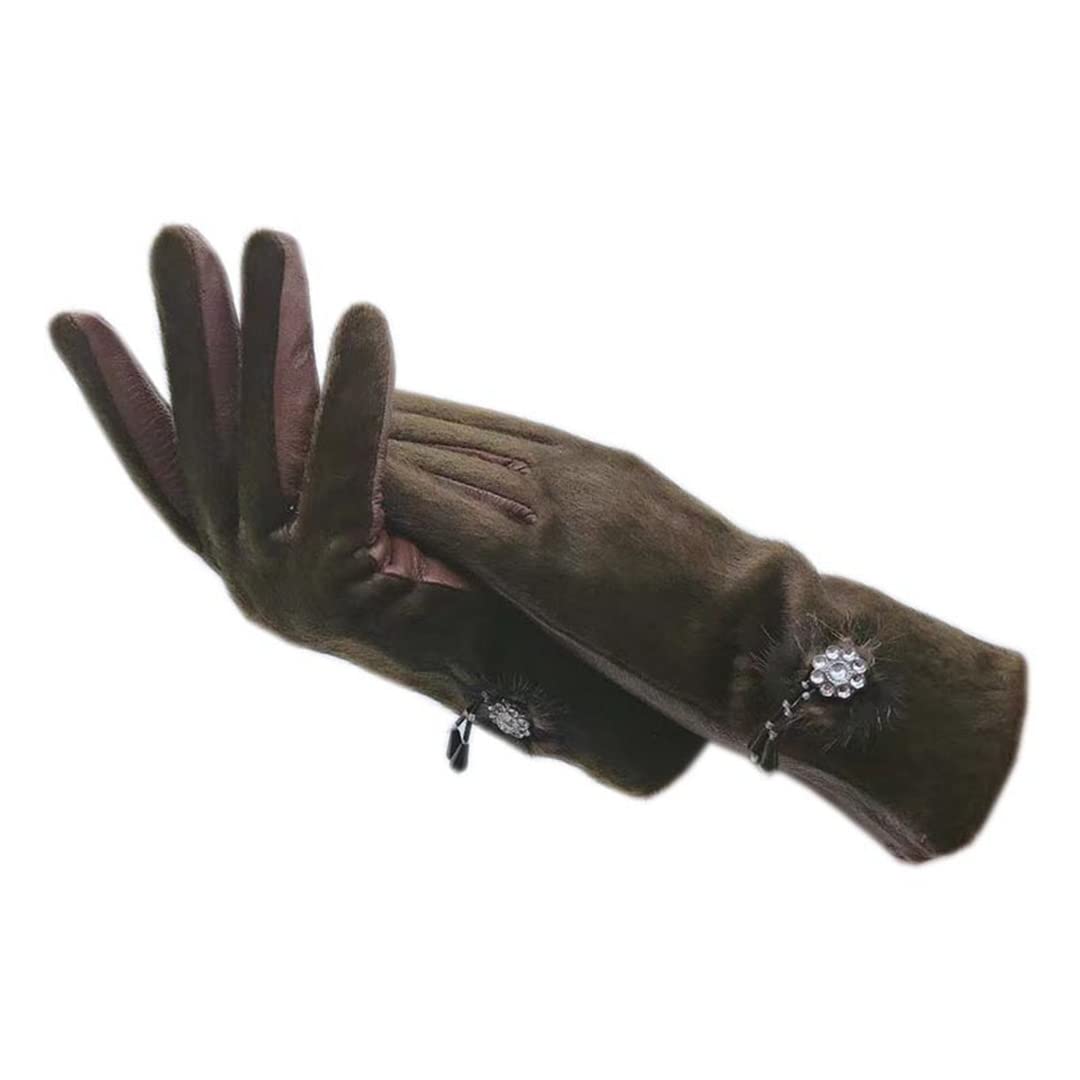 Guanti in pelle da donna invernali con fiore lucido Fodera in lana calda Guanti in pelle da moto da guida