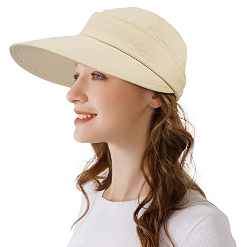 Wide Brim Womens Sun Hat, 2 In 1 Zip-Off Sun Protection Visor Beach Hat For Women, Packable Golf Hat, Beige #TOP22