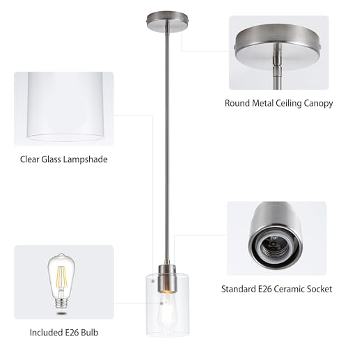 Image of MAYNA 1-Pack Brushed Nickel Ceiling Light Fixture, Simple Silver Mini Pendant with Bulb, Adjustable Rods Contemporary Hanging Lamp for Foyer, Corridor, Sink