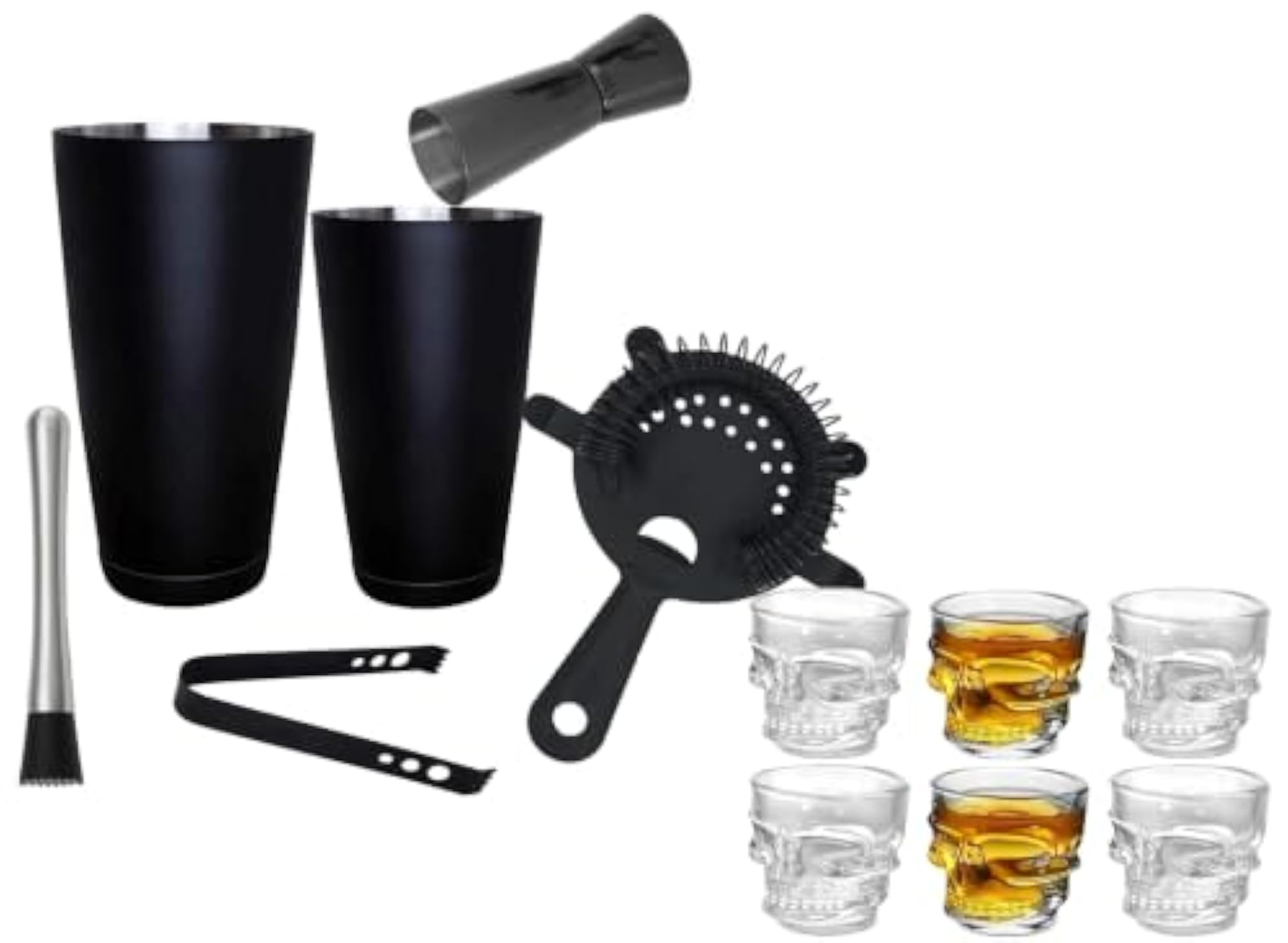 Boston Cocktail Shaker Bar Set with 6 Skull Shot Glasses