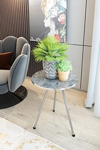 Set Of 2 End Tables - Sunrise Home Decor - Marble Look Wood Round Sofa Nesting Side Table For Small Spaces, Nightstand Bedside Table No-Tools Assembly (Gray Marble/Silver) #TOP3