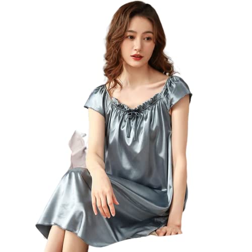 OFFSUM Camisón De Pijama De Mujer - Camisón De Satén De Talla Grande con Cuello Cuadrado Y Lazo Lencería Sexy De Color Sólido Ropa De Dormir De Estilo Princesa De Verano Gris XXL