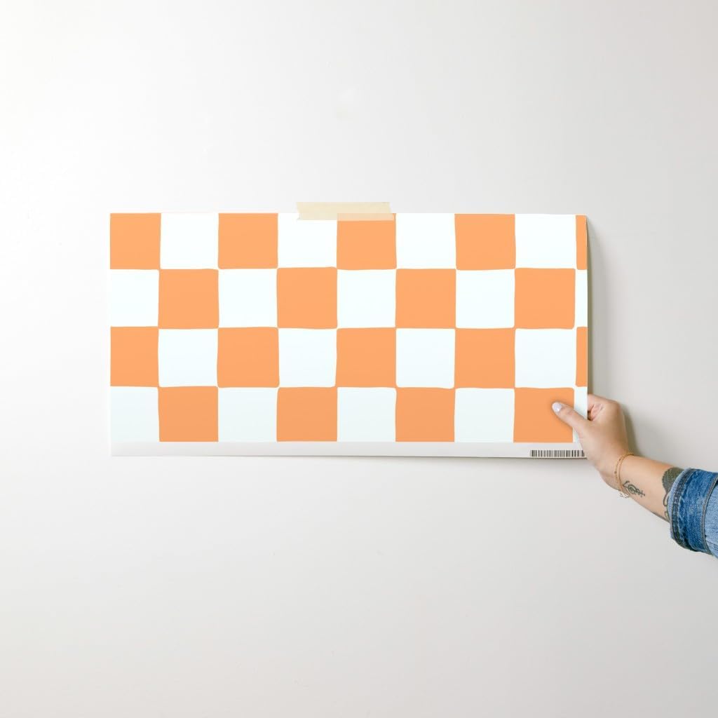 Peel & Stick Wallpaper Swatch - Retro Checkerboard Orange Summer Checkered Apricot Custom Removable Wallpaper by Spoonflower
