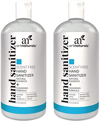 Artnaturals Hand Sanitizer Gel Alcohol Based (2 Pack x 8 Fl Oz / 220ml) Infused with Alovera Gel, Jojoba Oil & Vitamin E - Unscented Fragrance Free Sanitize