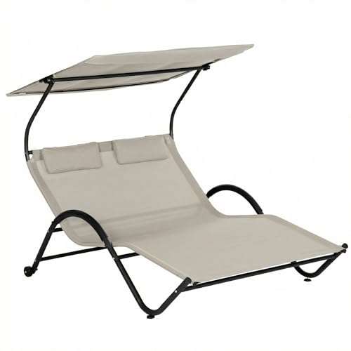 Outsunny Bain de Soleil 2 Places transat avec Toit réglable Appui-têtes et roulettes en Acier et Polyester dim. 200L x 137l x 138H cm crème