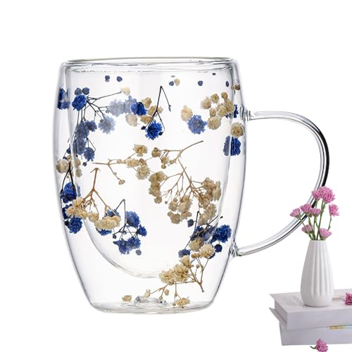 Huasean Dried Flowers Double Walled Glass Coffee Mug,Insulated Glass Coffee Cups with Handle,Flower Glass Tea Cup,Heat Resistant Cappuccino Latte Macchiato Glasses for Mum Wife Her Friend,350ml