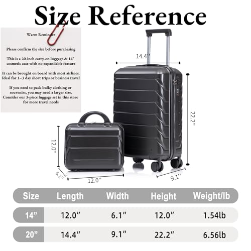 Luccalily 2-Piece ABS Hard Shell Lightweight Carry-On Luggage Set (14" & 20"), 360-Degree Spinner Wheels, Adjustable Telescopic Handle and Combination Lock for Travel, Dark Grey