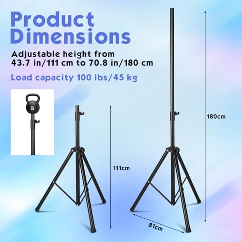 Maasechs Set of 2 71\'\' Tripod Speaker Stands with Carry Bag Steel Construction Height Adjustable for Dj Pa Events and Performances
