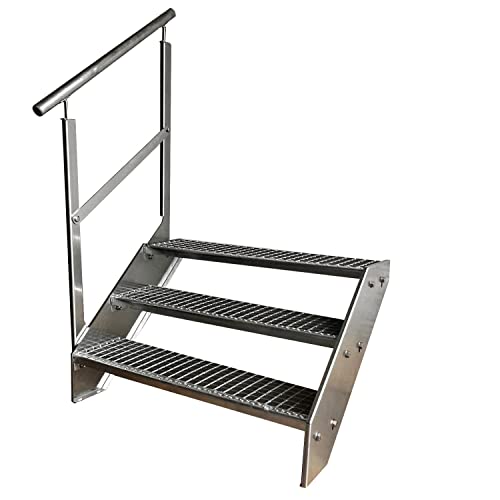 Escalier caillebotis acier 3 marches galvanisé extérieur avec garde-corps gauche 63cm