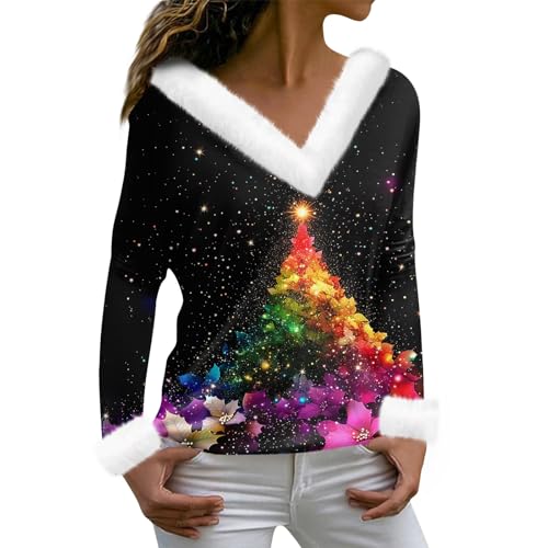 Christmas Sweater Couple V-Neck Glitzer Mädchen Weihnachtspulli Damen...