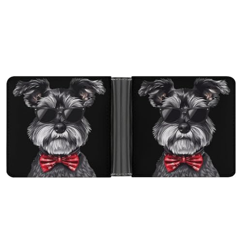Hipster Schnauzer Dog with Glasses Bowtie Funny Men's Slim Bifold Wallet with Multiple Card Slots Front Pocket Purse