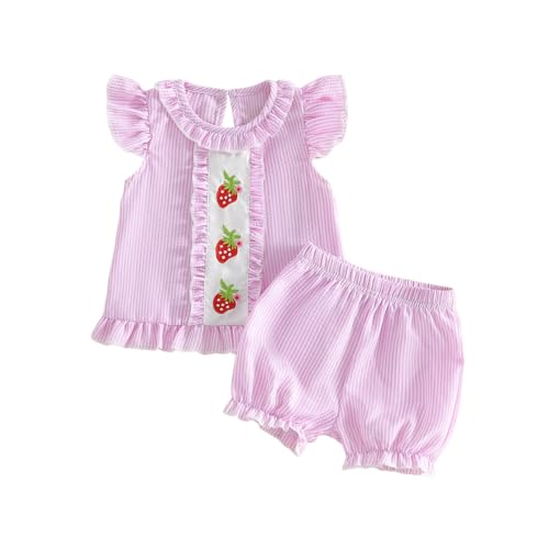 Filgriox Baby Girl Summer Clothes Strawberry Smocked Stripe Shirt Ruffle Bloomer Shorts Cute First Birthday Cake Smash Photo (Pink, 6-12 Months)