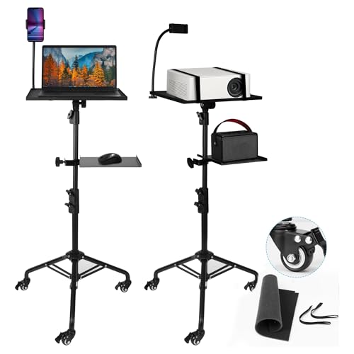 STEADUS Projector Stand Tripod – 24 to 59 Inch Adjustable Height – Dual Shelves Laptop Tripod Stand with Moveable Wheels and Phone Holder, Portable Laptop Stand for Office, Stage & Outdoor Use