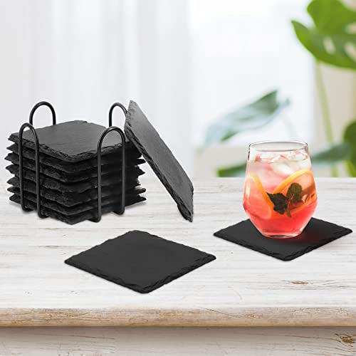 Slate Stone Coasters, 8 Pieces Square Drink Coaster Handmade Natural Coaster Diy Stone Coasters For Drinks Cup Coaster For Drink Bar Kitchen And Home Decor, 4 X 4 Inches #TOP5