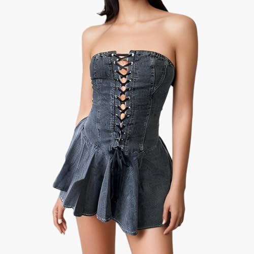 Image of Sexy Tube Denim Dress Corset Strapless Ruffled Hem Jean Mini Dress