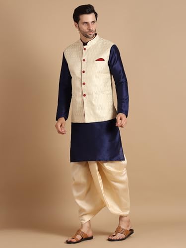Image of Men's Silk Blend Solid Kurta Dhoti Set with Designer Ethnic Nehru Jacket