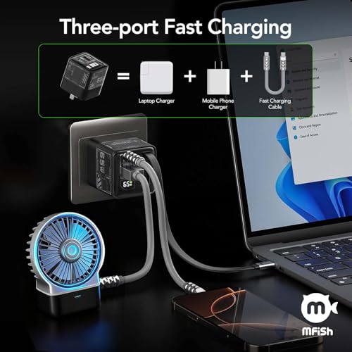 Image of MFish 65W GaN Fast Wall Charger, USB C Charger Block Built‑in 2.6ft Retractable USB‑C Cable, USB‑C & USB‑A Wall Charger with Digital Display for iPhone, iPad, MacBook, Samsung Galaxy (Matte Black)