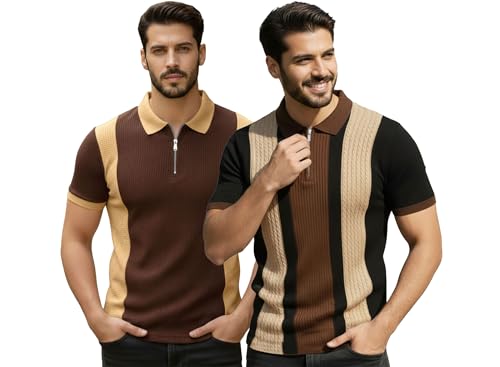 Image of AUSK Men's Retro Cable-Knit Quarter-Zip Polo | Premium Textured Self-Design Half Sleeve T-Shirt for Men