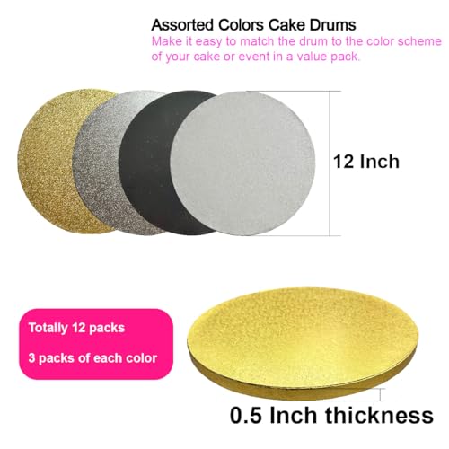 ANSSDO 12 Packs Thick Cake Drums, Greaseproof 12 inch Assorted Round Cake Drum in Gold Black Sliver White Cake Base, Cardboard Cake Boards for Presenting Heavy/Tall Tiered Cakes, Base para Pastel - Thumbnail 3